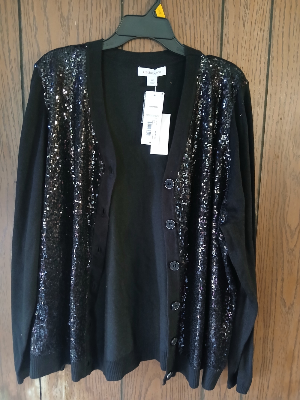 Liz Claiborne Plus Size 2X Black Sequin Front Button Cardigan
